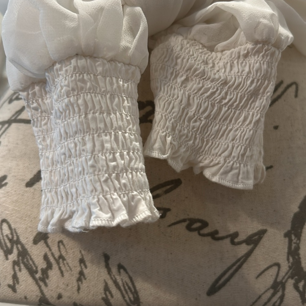 Sheer Long Sleeve Crop Top White Smocked Body And Bottom of Sleeves Size Large - Picture 5 of 10